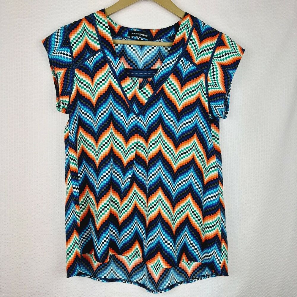 Rue Des Abbesses Paris Women Top V Neck Short Sleeve Multicolor Hannah Size M